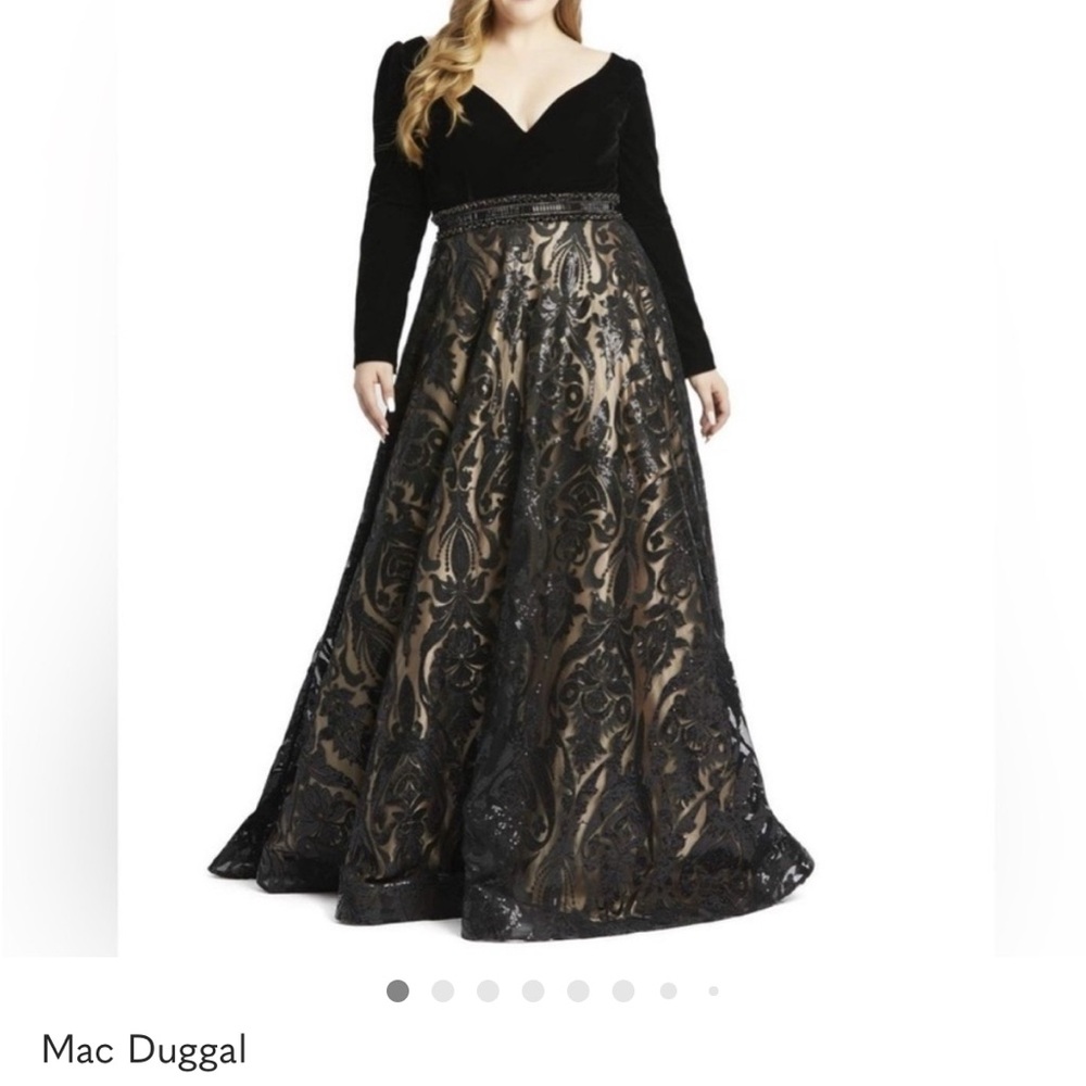 Mac Duggal Black and Gold Patterned Dress
